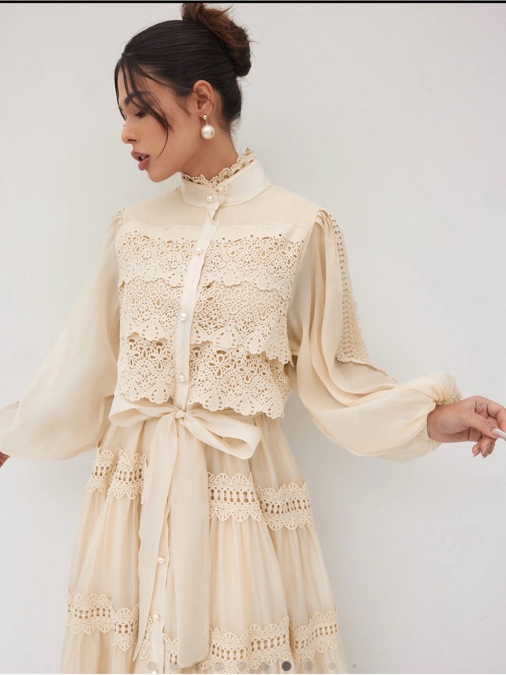 Cider - NWT - XL - CHIFFON HIGH NECK GUIPURE PEARL BUTTON MAXI DRESS - Picture 7 of 8